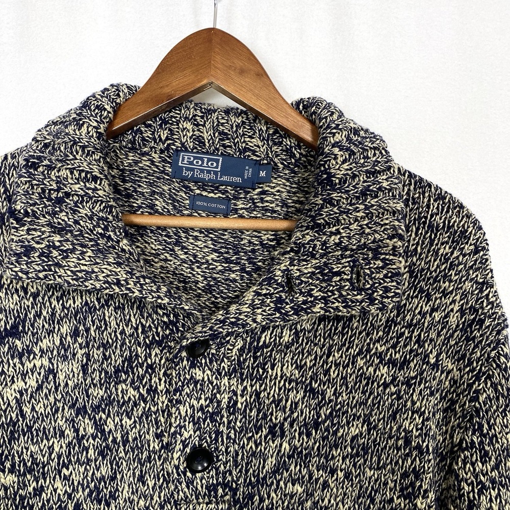 VTG Polo Ralph Lauren Mens Medium Shawl Collar Sweater Marled Blue Chunky Knit M - Picture 3 of 6